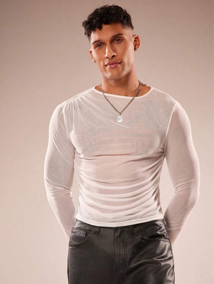 Men's Mesh Sheer Casual Asymmetrical Long Sleeve Round Neck T-Shirt